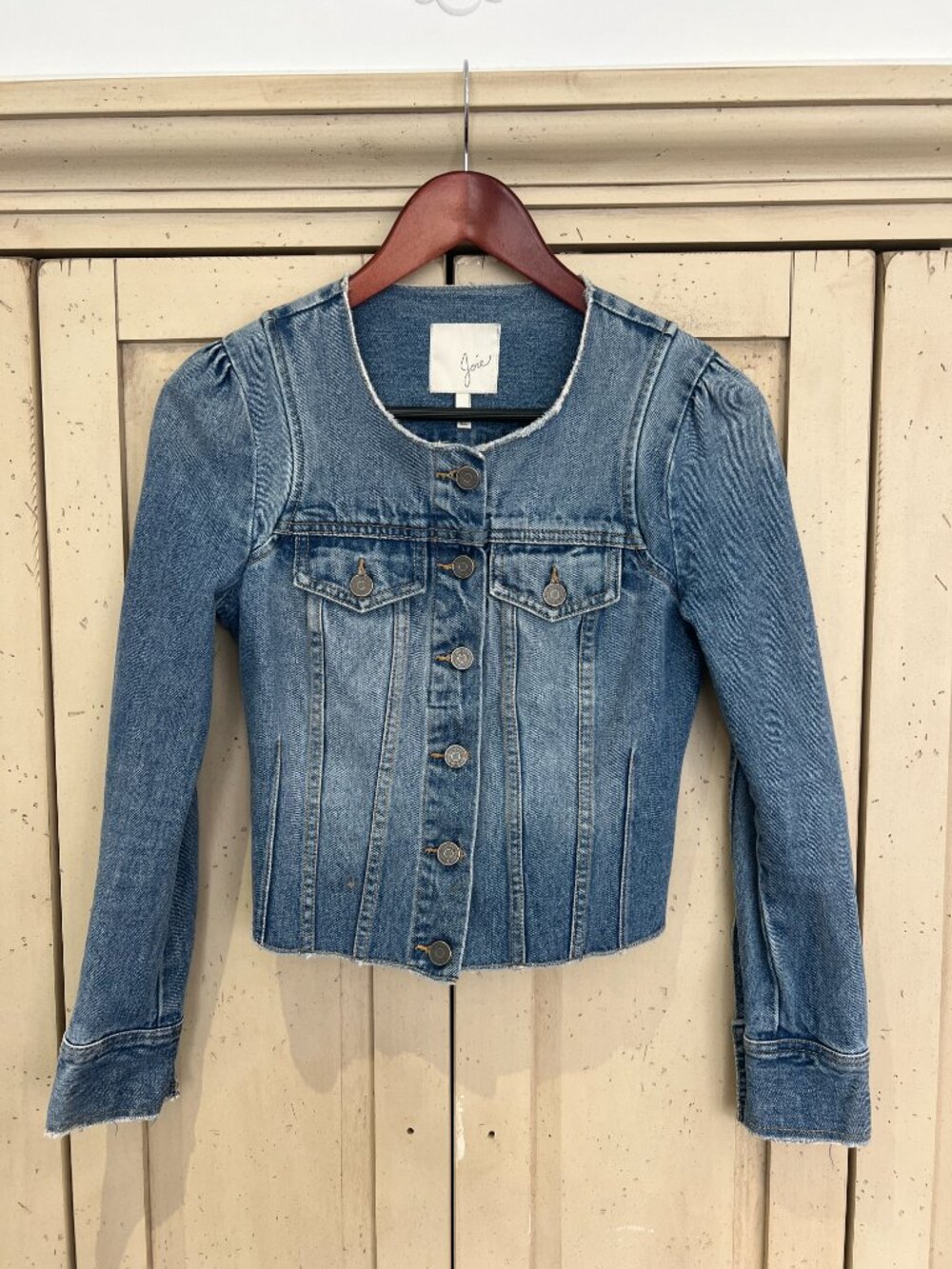 Joie Collarless Puff Sleeve Cropped Denim Jacket Raw Frayed Medium Wash XXS